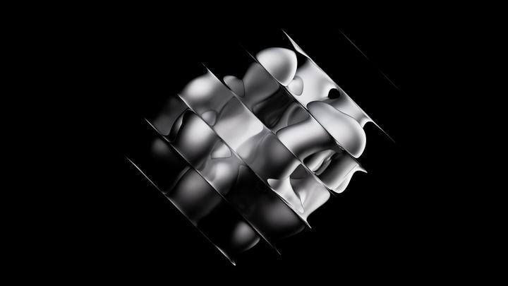3d rendering, abstract minimalist diagonal composition of rippled metallic stripes isolated on black background. Fluid foil ribbons