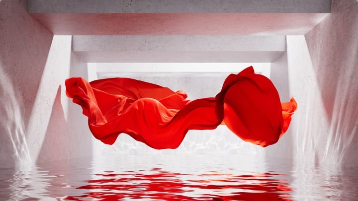 realistic 3d rendering. Minimalist fashion background with red silk drapery falling levitating above the water in a concrete room under the bright daylight. Piece of fabric waving in the wind