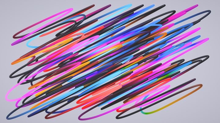 3d rendering, abstract multicolored messy tangled lines isolated on white background, modern minimalist wallpaper