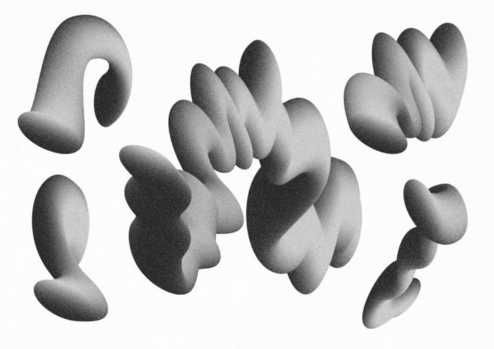 3d render. Set of abstract chubby design elements and wavy doodles with a grainy noise effect, isolated on a white background