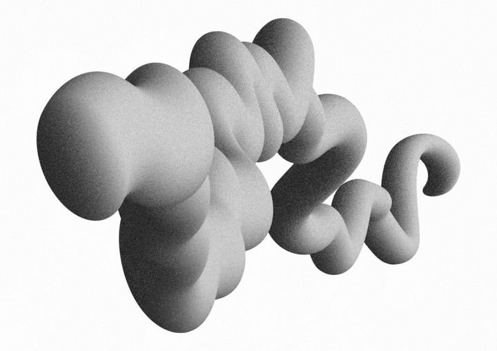 3d render. Abstract chubby smoke design element with a grainy noise effect, wavy doodle, isolated on a white background