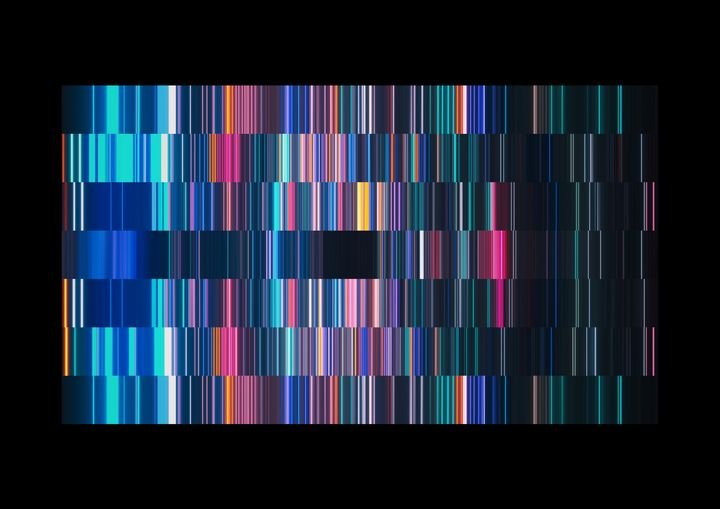 abstract background of colorful neon mosaic. Assorted fragments arranged in even horizontal rows of a rhythmic pattern. Glitch effect wallpaper