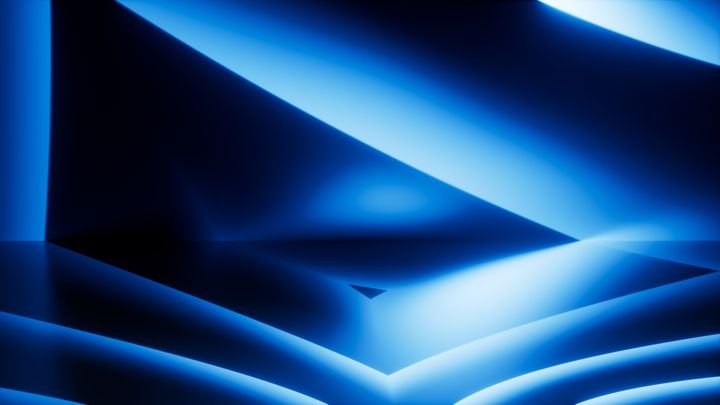 Hard, geometric blue laser reflections crisscross in a triangular web, creating a sharp-edged, modern composition. 3d render illustration.
