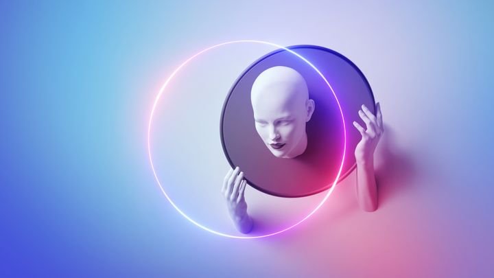 3d render, abstract minimalist fashion concept. Feminine mannequin inside the glowing ring. Bald female head and hands gesture, geometric ring