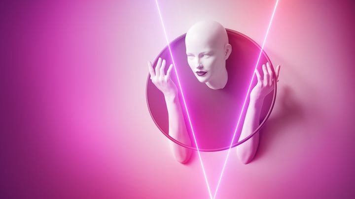 3d render, abstract minimalist fashion concept. Feminine mannequin inside the round frame and glowing neon lines. Bald female head and hands gesture. Geometric background