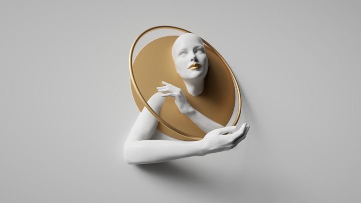 3d rendering, white female mannequin bald head, hands holding golden round frame, isolated on white background. Modern minimalist fashion portrait. Jewelry shop showcase