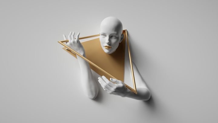3d render, female mannequin body parts and geometric gold triangular frame, isolated on white background. Bald head and hands. Modern minimalist fashion portrait. Jewelry shop showcase