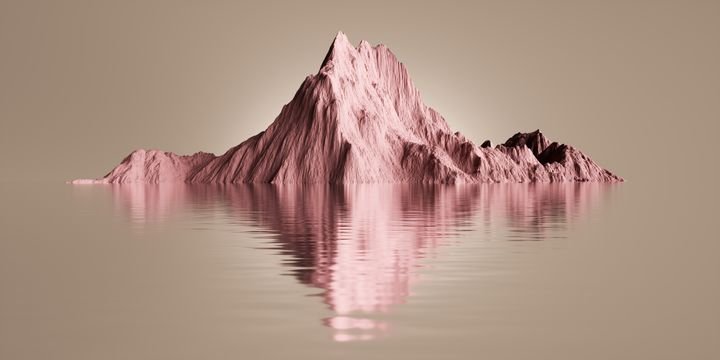 3D rendering of an abstract, unique landscape. Lone island in the middle of nowhere. Pink rocky mountains reflected in calm water over the neutral beige background. Minimalist, fantastic wallpaper