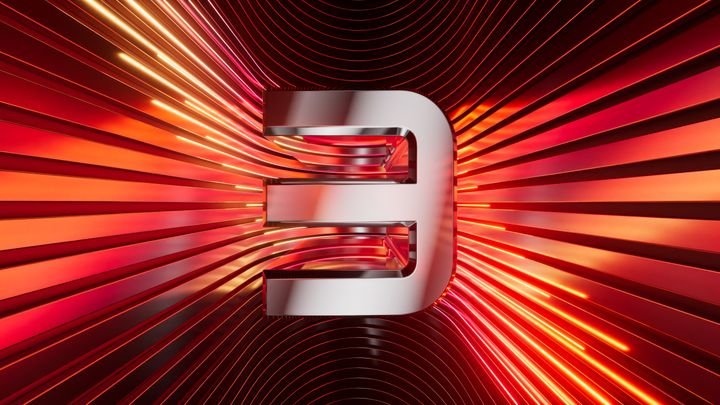 3D rendering of a metallic number three with curved red neon lines on a background. Futuristic digit 3