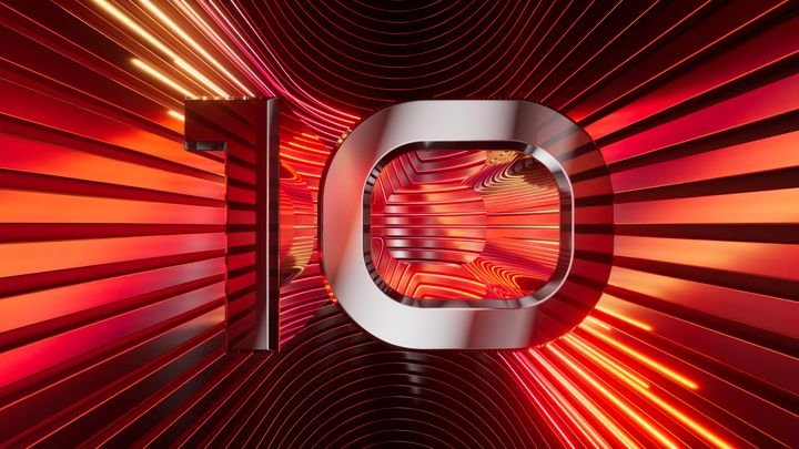 3D rendering of a metallic number ten with curved red neon lines on a background. Futuristic digit 10