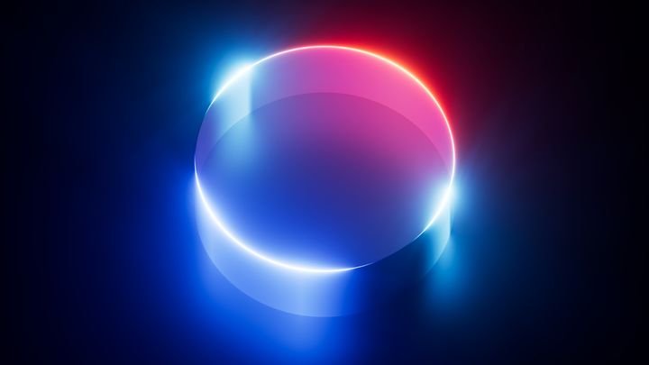 3d render. Abstract geometric background. Curvy ribbon in the shape of a ring, glowing with bright neon light in the dark. Blue and red gradient. Modern aesthetic wallpaper