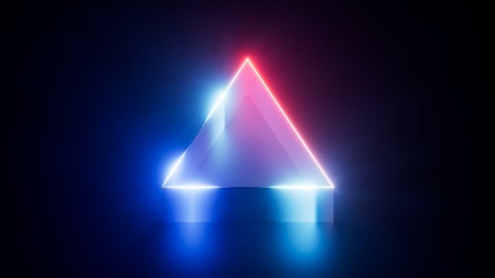3d render. Abstract geometric background. Curvy ribbon in the shape of a triangle, glowing with bright neon light in the dark. Blue and red gradient. Modern aesthetic wallpaper