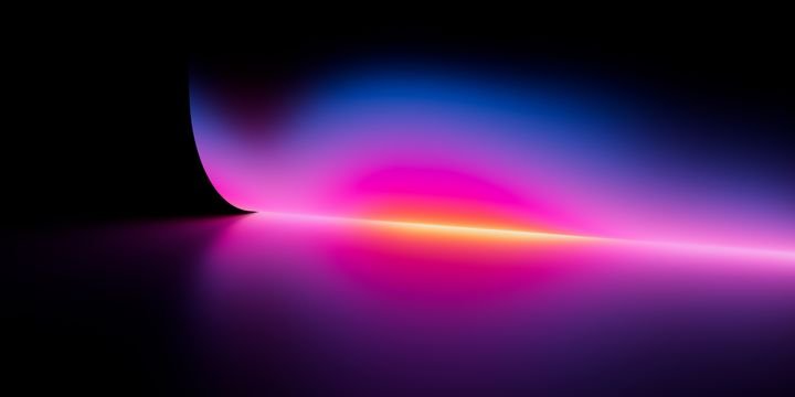 Soft neon gradient with blue and pink light streaks curving on black background, futuristic abstract stock image perfect for modern digital design.