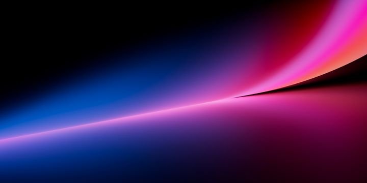 Soft neon gradient with blue and pink light streaks curving on black background, futuristic abstract stock image perfect for modern digital design.