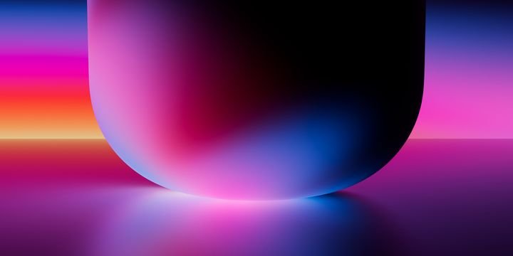 Abstract neon glowing cylinder shape with pink and blue gradient light reflection, surreal futuristic texture perfect for stock images and design projects.