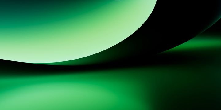 Smooth neon crescent sweeps across an emerald sky with calm motion. 3d render illustration.