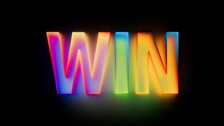 Neon word WIN glows with vivid colors. Motivational design for contests, games, and positive ads. 3D render effect.