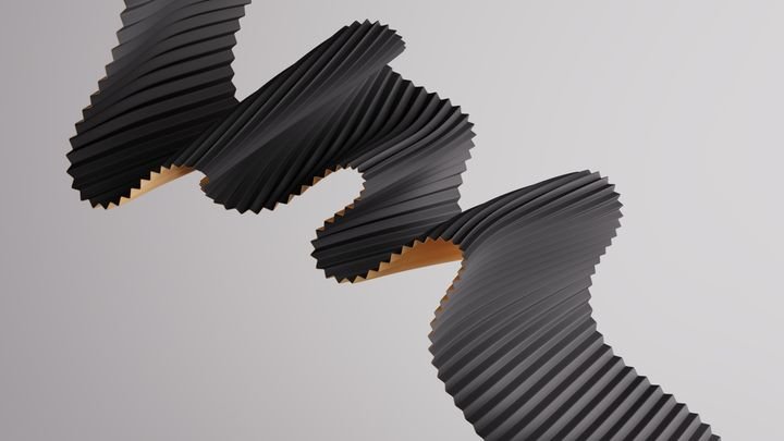 Golden folded ribbon zigzag sculpture with minimal futuristic background. 3d render illustration.