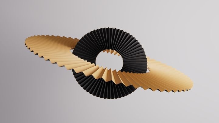 Artistic ring-like zigzag fold with golden abstract paper on minimal scene. 3d render illustration.