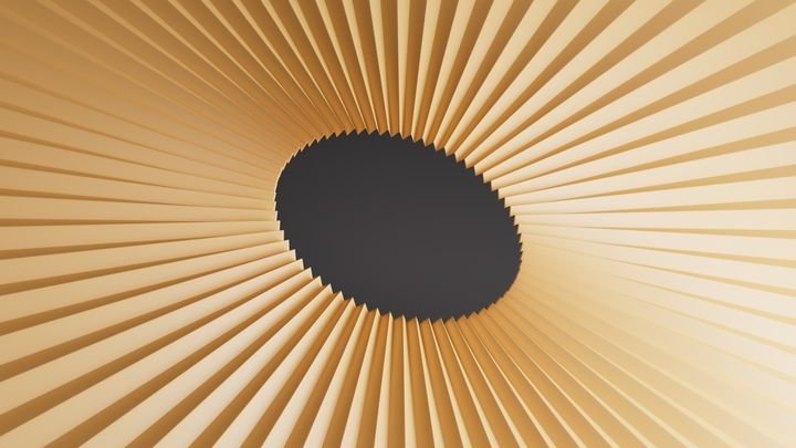 Spiral-inspired circular fold sculpture in modern golden origami style. 3d render illustration.