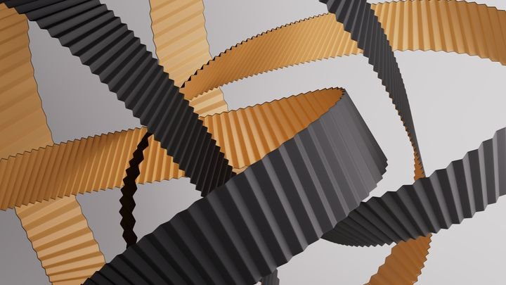 Decorative zigzag ribbon sculpture with golden folds on light background. 3d render illustration.