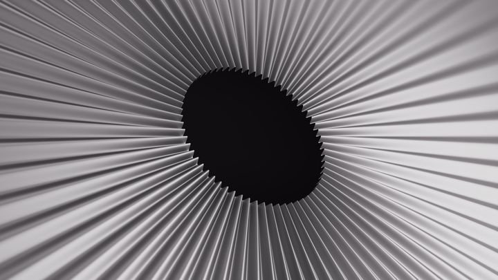 Radial pleated paper texture converges into a dark hole. Abstract black and white zigzag fan pattern with depth. 3D render illustration.