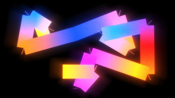 An abstract composition featuring neon gradient forms in vibrant colors. Film grain effect.