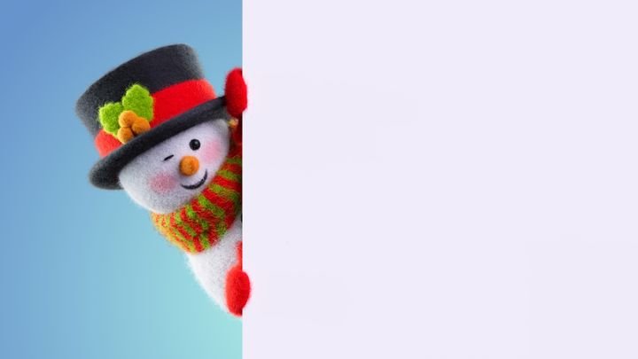 Playful 3D wool‑felt snowman slides in from the side, peeks around the banner, and grins at camera in a clean studio loop.