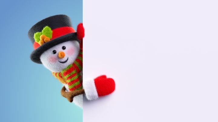 Smiling wool‑felt snowman with red mittens peeks from the right behind a white banner on blue studio background. 3d render illustration.