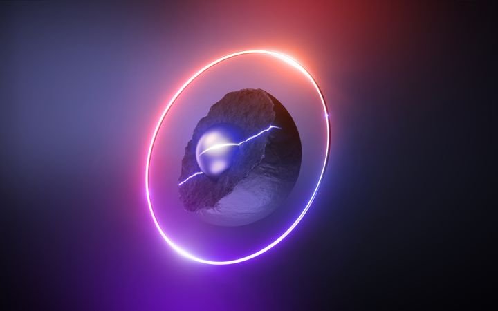 Futuristic neon background. Levitating 3d geometric forms: a minimalist composition of black rocky stone hemisphere with metal core and glowing ring