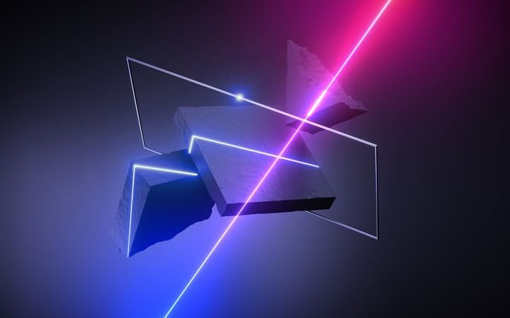Futuristic neon background. Levitating 3d geometric forms: black rocky stone slabs and concrete blocks with neon lines accents, floating in darkness
