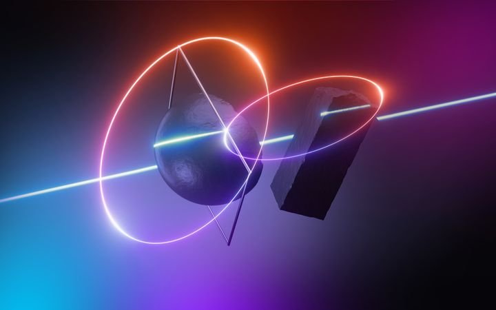 abstract background of neon glowing rings and laser lines, geometric shapes, stone blocks and ambient light. Futuristic wallpaper