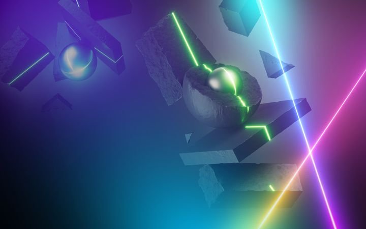 3d rendering, abstract fantastic background illuminated with colorful neon lights. Laser lines and geometric stone shapes