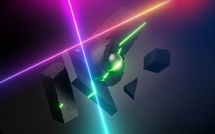 Futuristic neon background. Levitating 3d geometric forms: black rocky stone slabs and concrete blocks with multicolored neon lines accents, floating in darkness