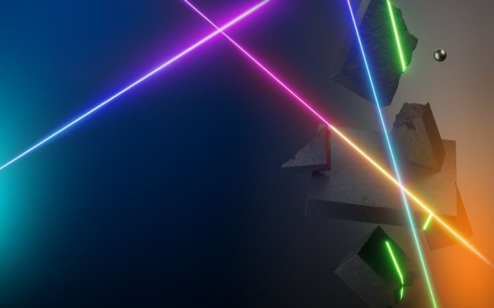 abstract background of neon glowing lines, geometric shapes, stone blocks and ambient light. Futuristic wallpaper