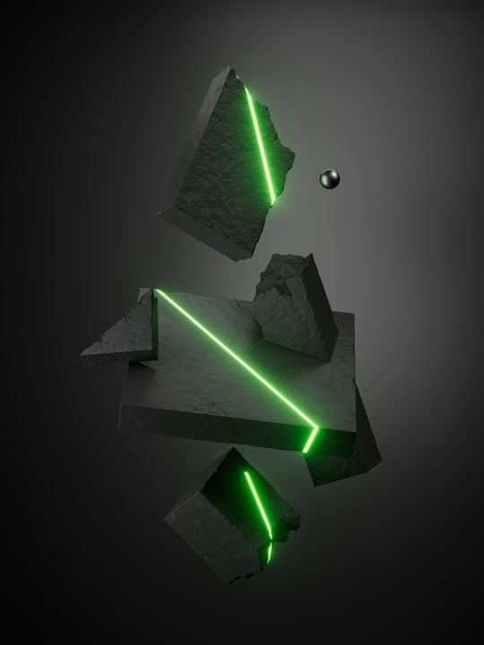 3D rendering. Abstract surreal composition of geometric objects: broken concrete blocks levitating in the dark, isolated against a black background. Illuminated with green neon light and laser lines