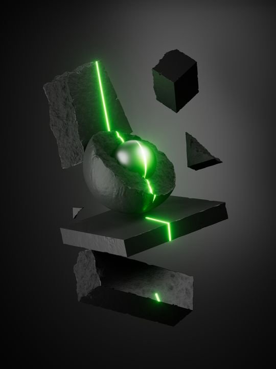 3D rendering. Abstract minimalist composition of geometric objects: ball and concrete blocks levitating in the dark, isolated against a black background. Illuminated with green neon light accents