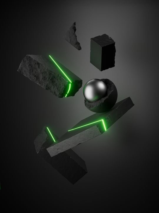 Abstract 3d background. Geometric objects floating in darkness. Metallic ball core inside the broken black concrete hemisphere, surrounded by falling concrete blocks with green neon light accents