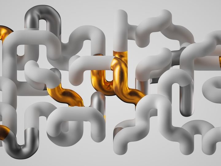 Modern abstract sculpture made of soft white plastic tubes with golden and silver inserts. 3d rendering illustration.