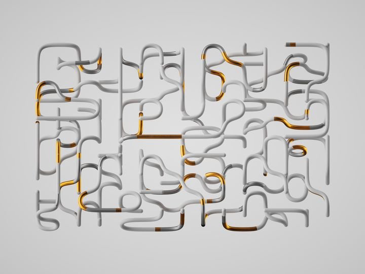 Modern abstract sculpture made of soft white plastic tubes with golden and silver inserts. 3d rendering illustration.