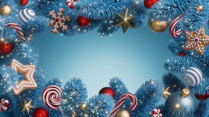 Festive blue fir frame with ornaments, candy canes, and glitter forms roomy copy space. Perfect Christmas, New Year greeting card or winter holiday banner. 3d render illustration.