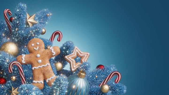 Gingerbread man, candy canes, and sparkly baubles nestled in blue pine create a joyful Christmas or New Year vignette for cards and promos. 3d render illustration.