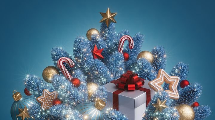 Gift with bow crowned by blue fir and golden ornaments shines with glitter and confetti sparkle. Ideal for New Year and Christmas promotions. 3d render illustration.