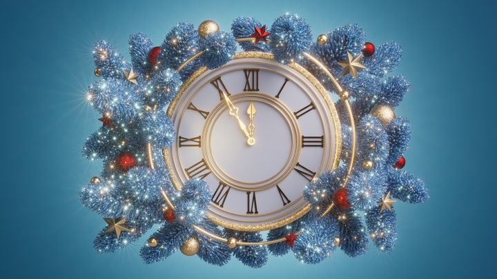 Elegant clock in blue wreath counts down to midnight with sparkling lights and glitter. Classic New Year countdown for party invites and cards. 3d render illustration.