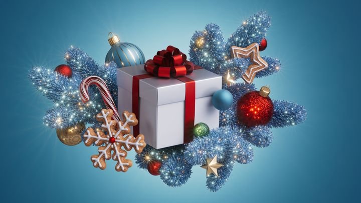 Gift box, snowflake, candy cane, and shiny baubles on blue fir create a cozy holiday composition with glittering accents. Great for greeting cards. 3d render illustration.