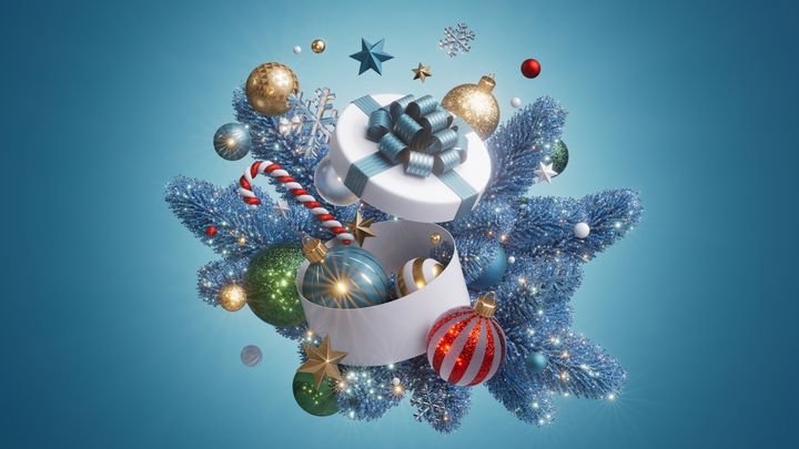 Swirling ribbon gift explodes with ornaments, stars, and sparkles over blue fir—dynamic Christmas or New Year layout for festive postcards. 3d render illustration.