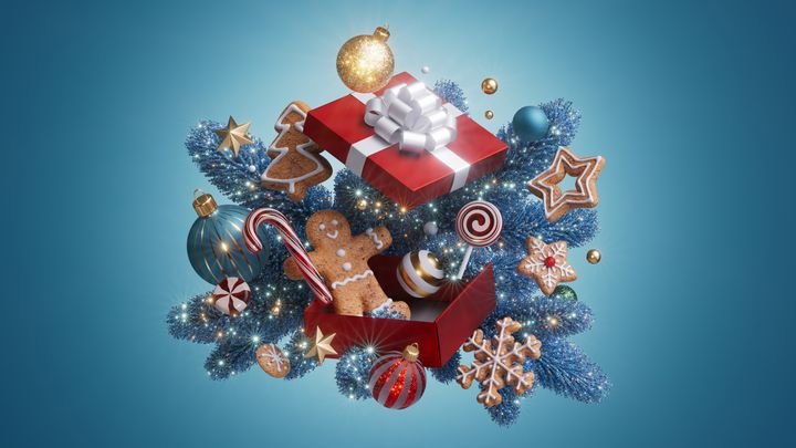 Overflowing red box with cookies, candy canes, baubles, and glitter atop blue pine—playful New Year and Christmas scene for promo graphics. 3d render illustration.