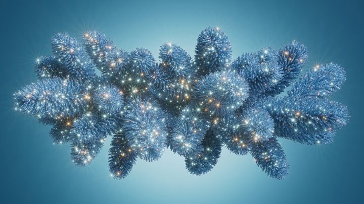 Blue fir garland with fairy lights and soft glitter bokeh forms a simple winter holiday border with ample copy space for cards and banners. 3d render illustration.