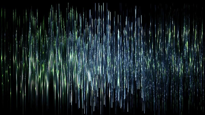 3d render, abstract digital background, vertical lines, rain, sparkling backdrop, noise, equalizer, spectrum. Loop at 2K resolution.