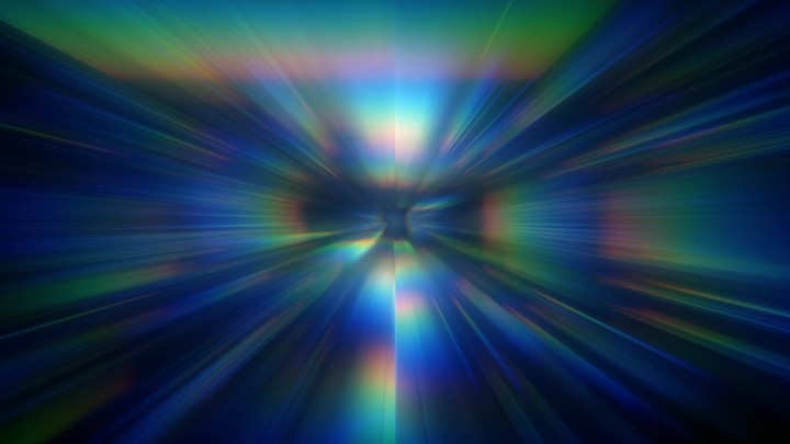 3d render, Blurred futuristic motion graphic. Green and blue neon light glow. Fast fly away. Loop at 2K resolution.